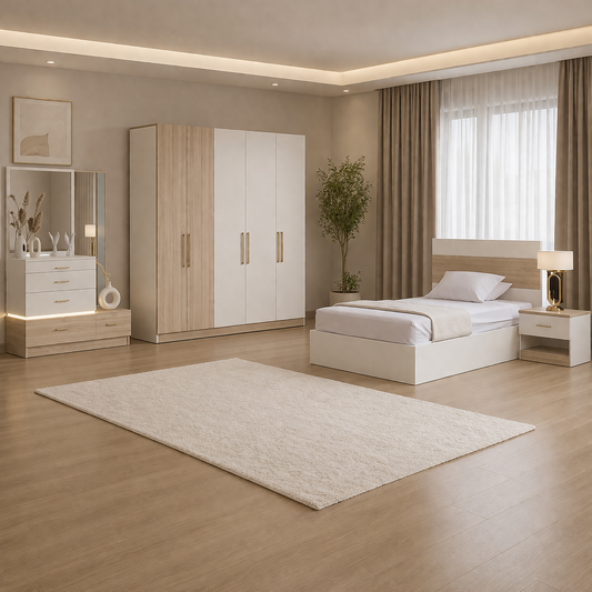 Teen Modern Bedroom Set –  2 Bed & Wardrobe -White & Beige - 4 Pieces