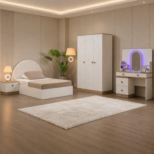 Teen Modern Bedroom Set – Bed & Wardrobe -White & Beige - 4 Pieces (Copy)