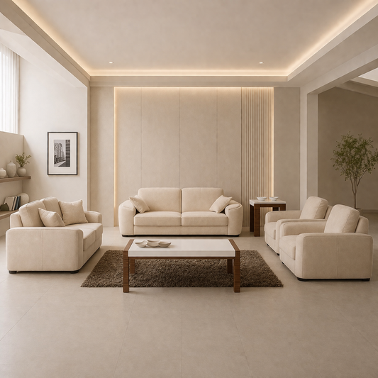 Modern Living Room Sofa Set – Beige Velvet | Beech Wood Frame | 3+2 Seater + Armchair