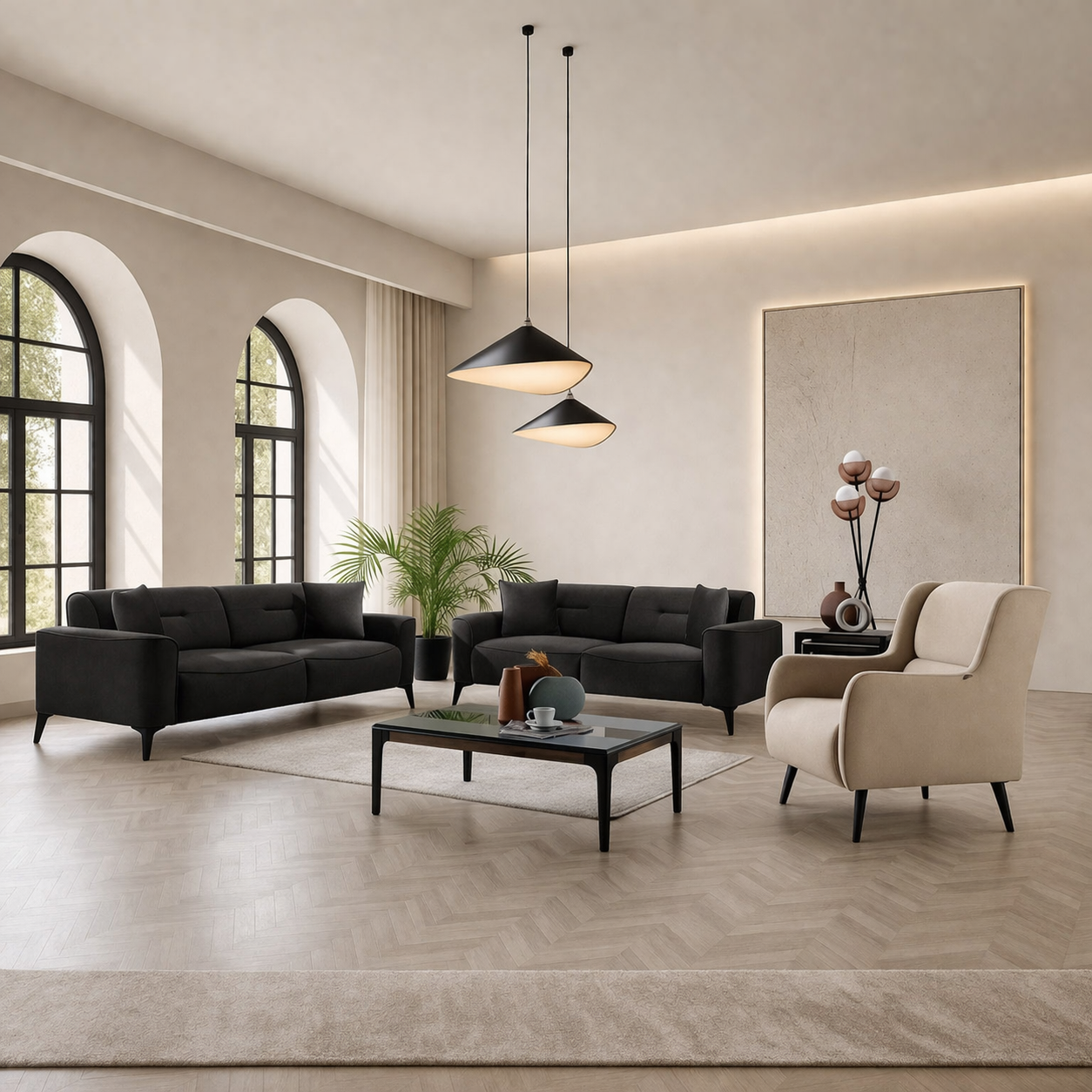 Modern Sofa Set – Black & Beige Velvet | Beech Wood  | 3+2 Seater + Armchair