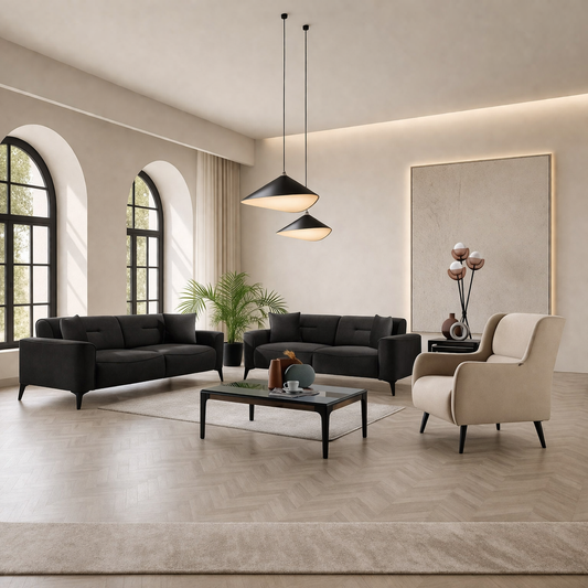 Modern Sofa Set – Black & Beige Velvet | Beech Wood  | 3+2 Seater + Armchair