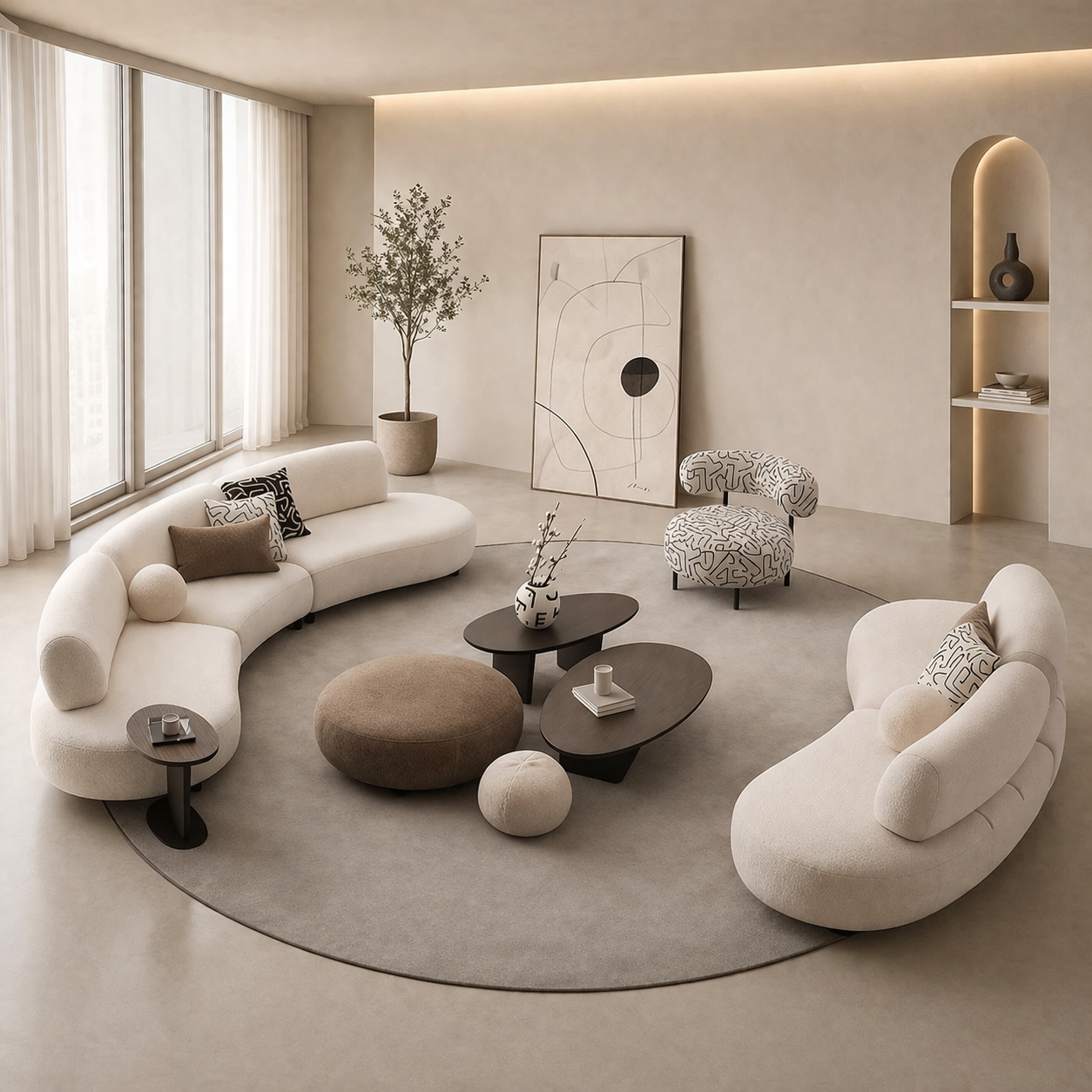 Modern Bouclé Living Room Set – 3 Pieces (2 Sofas & Chair) | Off-White Beech Wood Design