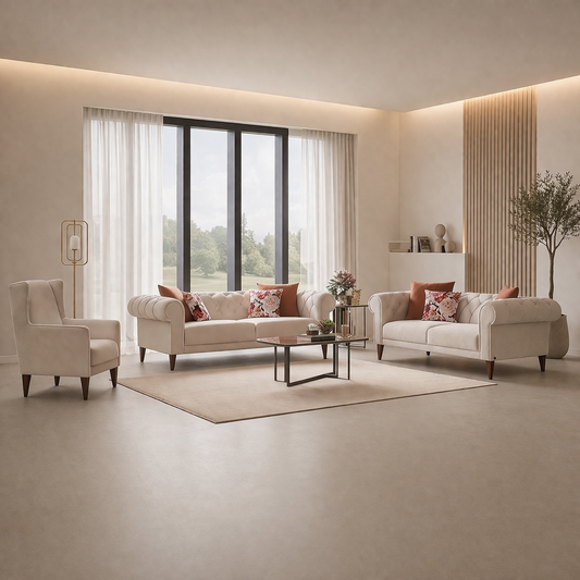 Modern Velvet Living Room Set – 3 Pieces (2 Sofas & Chair) | Beige Beech Wood Design