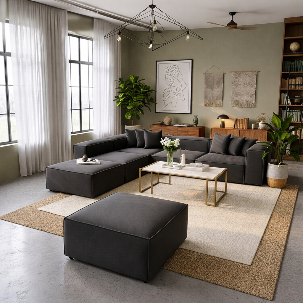 Sofa L Shape & 1 Pouf - Natural Wood - Linen Fabric -Multi Color - 300x270x90 cm