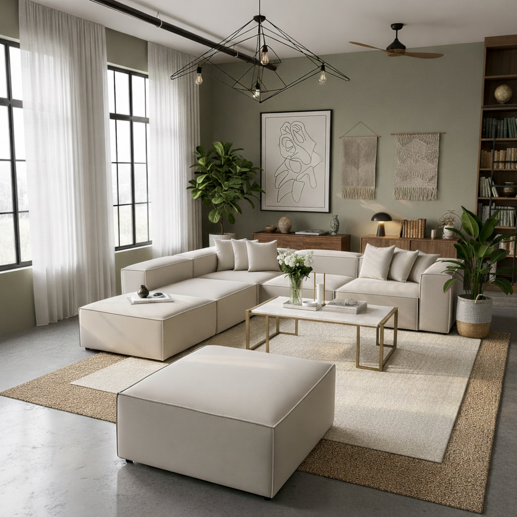 Sofa L Shape & 1 Pouf - Natural Wood - Linen Fabric -Multi Color - 300x270x90 cm