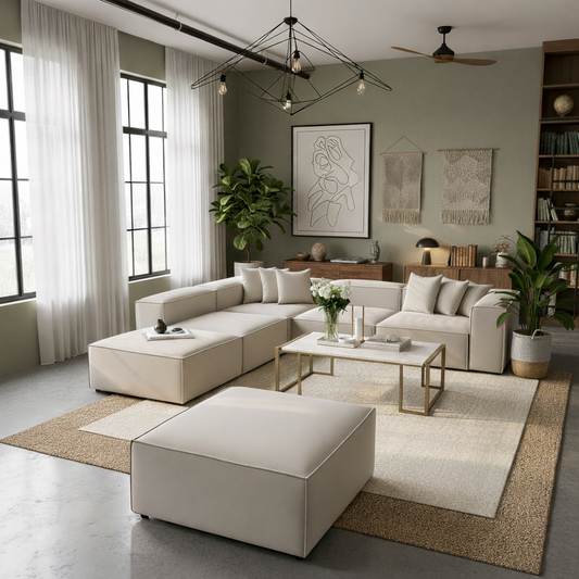 Sofa L Shape & 1 Pouf - Natural Wood - Linen Fabric -Multi Color - 300x270x90 cm