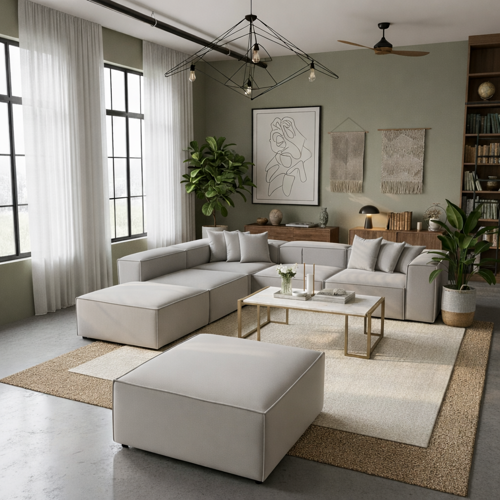 Sofa L Shape & 1 Pouf - Natural Wood - Linen Fabric -Multi Color - 300x270x90 cm