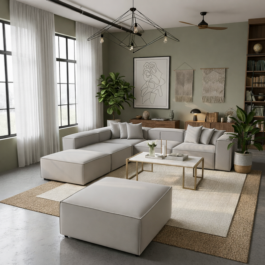 Sofa L Shape & 1 Pouf - Natural Wood - Linen Fabric -Multi Color - 300x270x90 cm