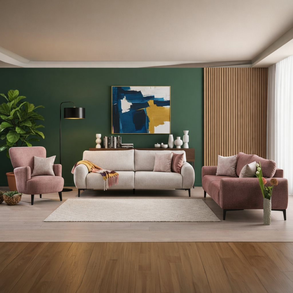 Modern Sofa Set – White & Pink Velvet | Beech Wood Frame | 3+2 Seater + Armchair