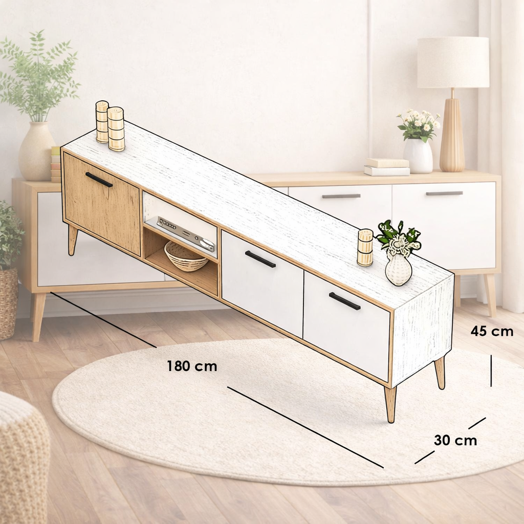 MDF Tv Unit White and Beige - 45x180x30 cm