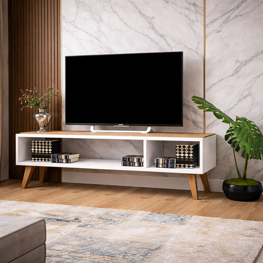 MDF Wood Tv Unit White and Beige - 110 × 28 × 45 cm