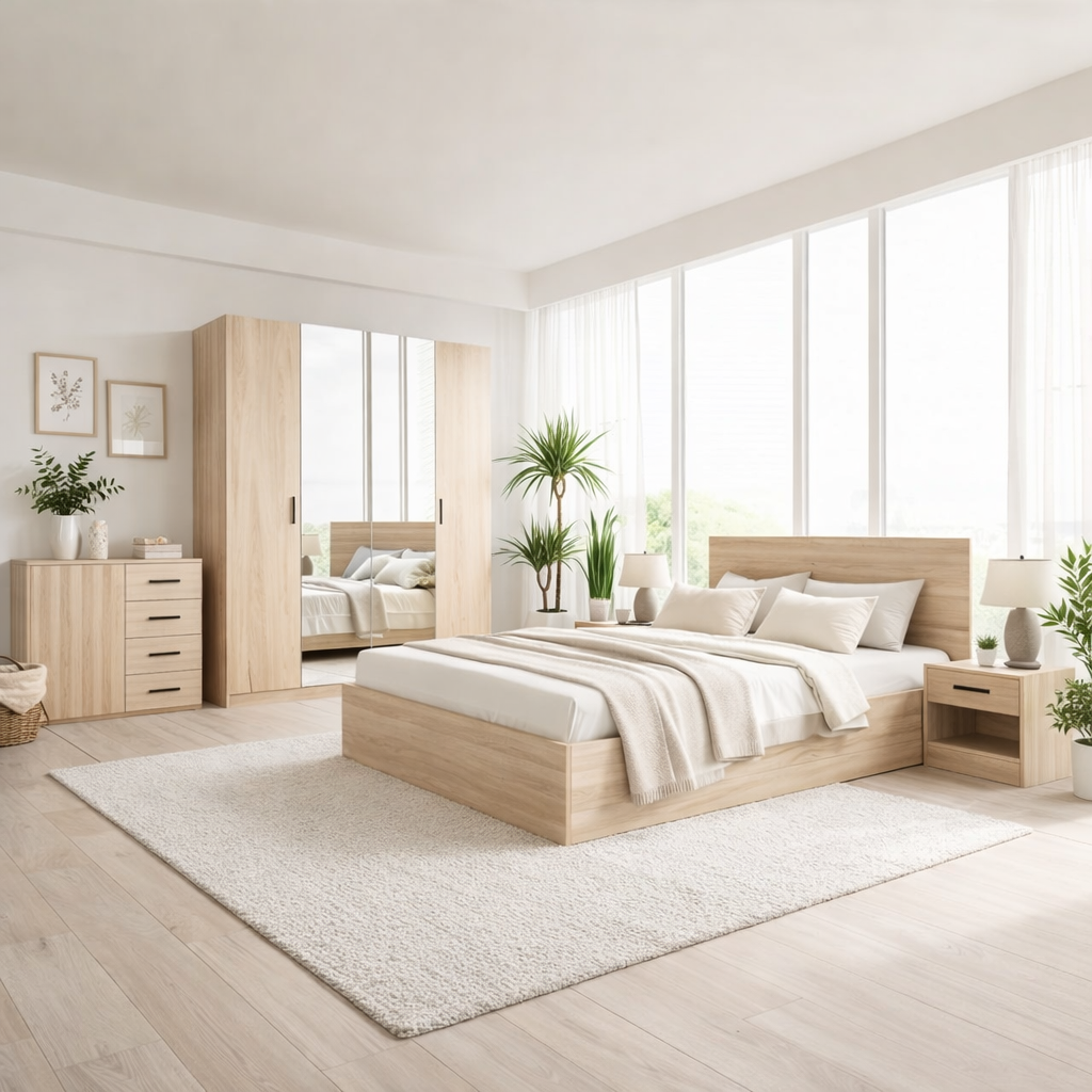 Melamine Blockboard ( كونتر ميلامين )  Bedroom Set 5 Pieces - Beige and Grey