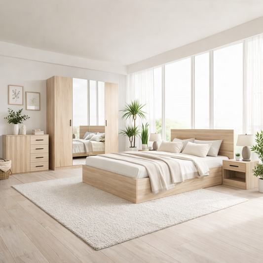 Melamine Blockboard ( كونتر ميلامين )  Bedroom Set 5 Pieces - Beige and Grey