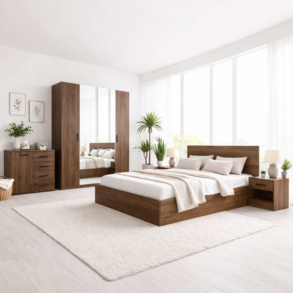 Melamine Blockboard ( كونتر ميلامين )  Bedroom Set 5 Pieces - Beige and Grey