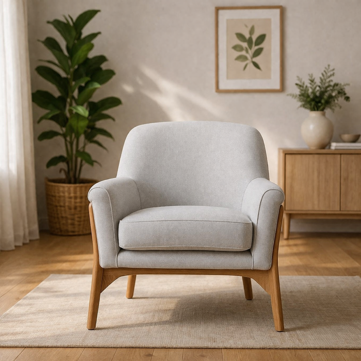 Beech Wood and Linen Arm Chair - Grey and Beige