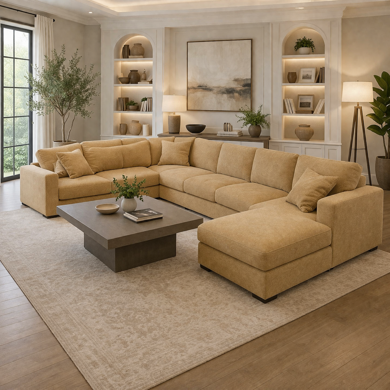 Modern U-Shaped Sofa Beige Linen 300×200 cm – Corner Sofa Egypt | Comfortable Couch