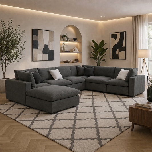 Modern U-Shaped Sofa Grey Linen 300×235 cm with Pouf – Corner Sofa Egypt | Luxury Comfortable Couch