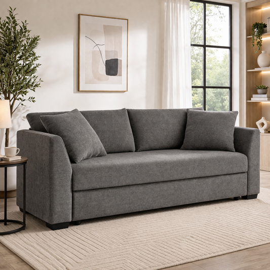 Grey Linen Sofa Bed 3 Seater – Natural Wood Frame | Modern Convertible Couch