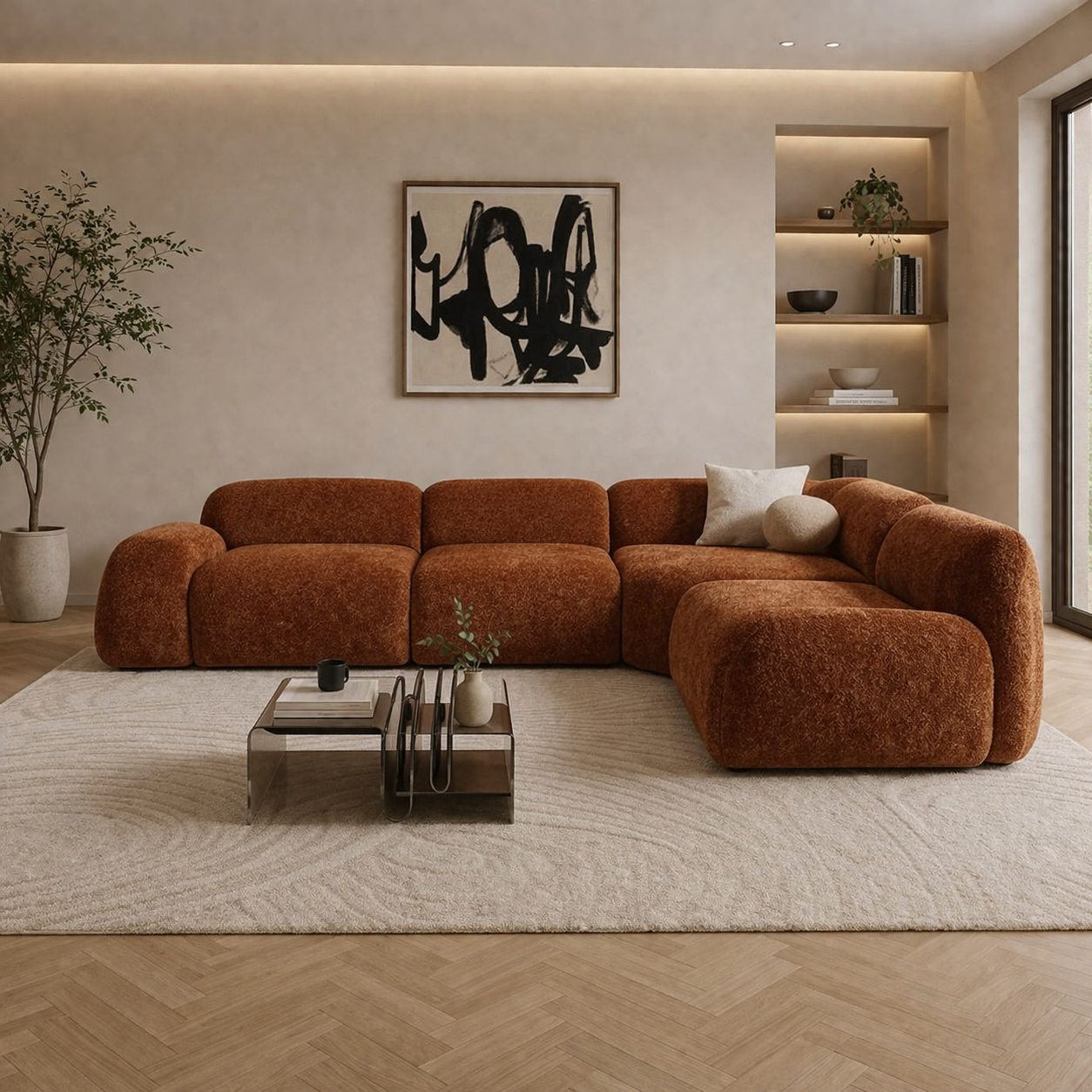 Modern L-Shaped Sofa Brown Linen 300×200 cm – Right Chaise Corner Sofa Egypt | Comfortable Couch