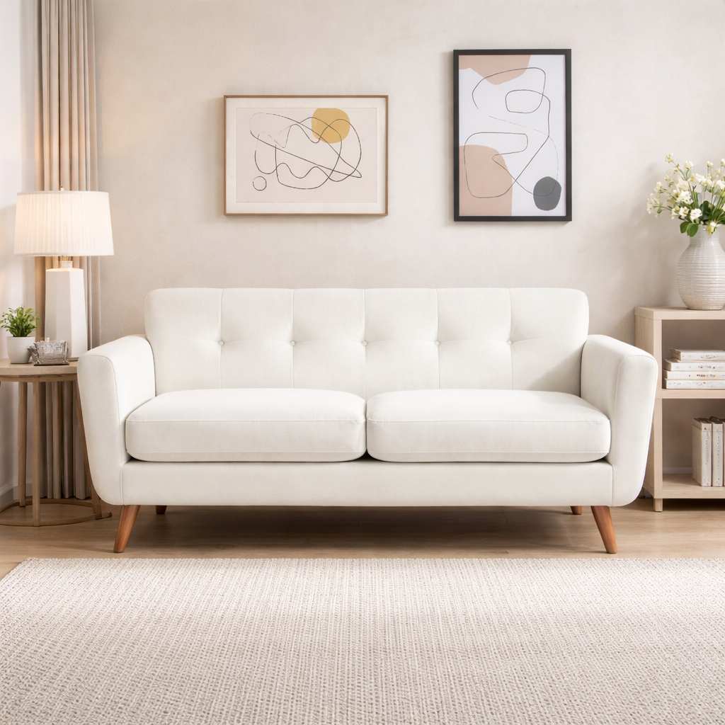 2 Seater Sofa White Velvet 170 cm – Natural Beech Wood Modern Couch Egypt