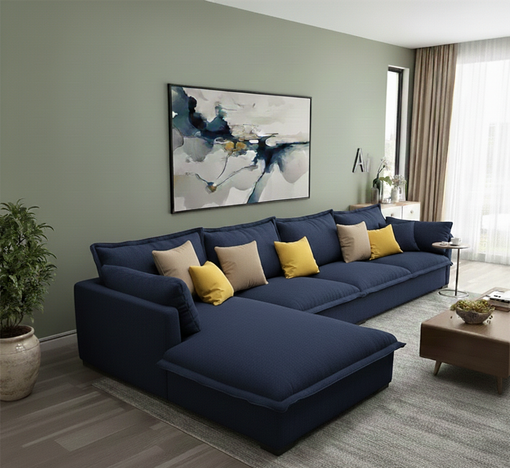 L shape Sofa - Natural Wood - Linen Fabric -Multi Color - 300x200x75 cm