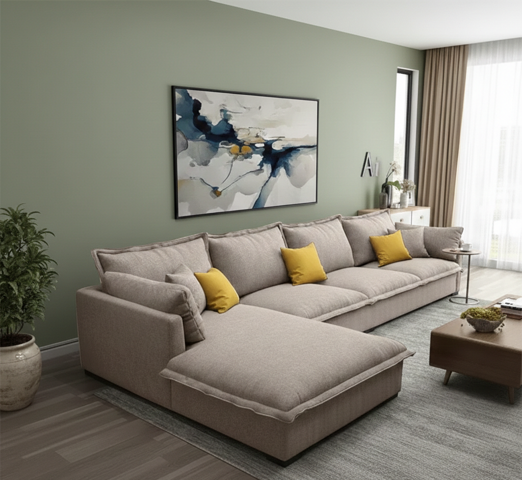 L shape Sofa - Natural Wood - Linen Fabric -Multi Color - 300x200x75 cm