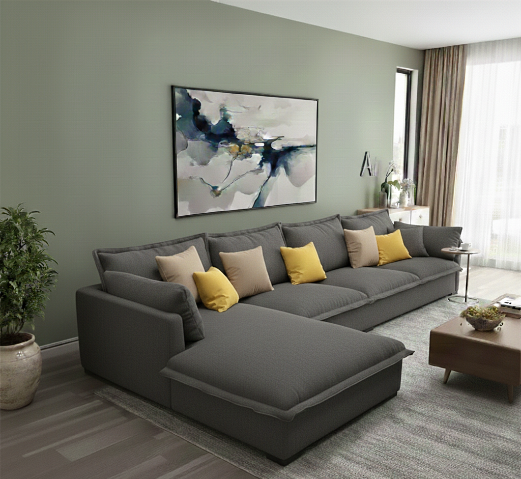 L shape Sofa - Natural Wood - Linen Fabric -Multi Color - 300x200x75 cm