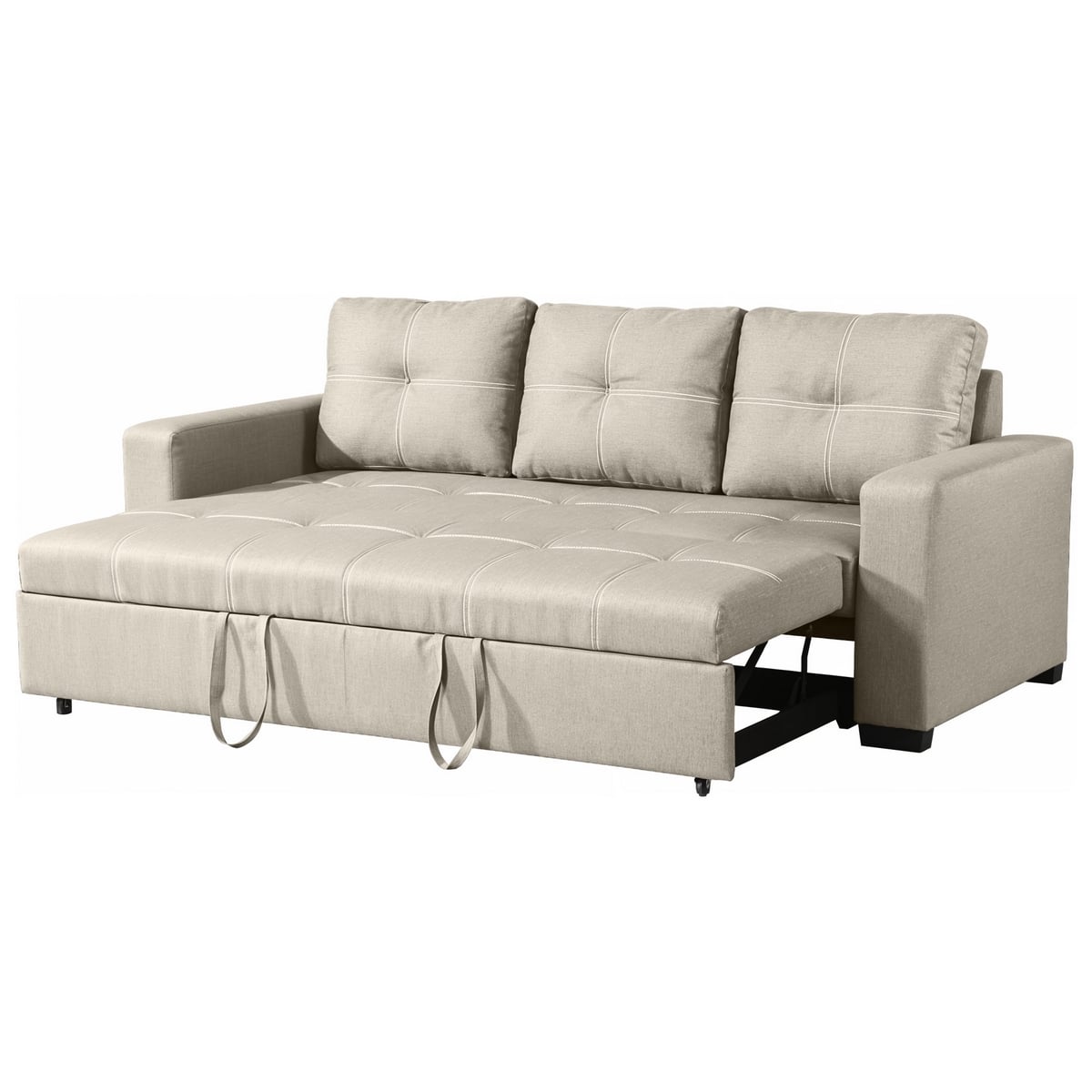 Beige Linen Sofa Bed – Natural Wood Frame | Modern Convertible Couch