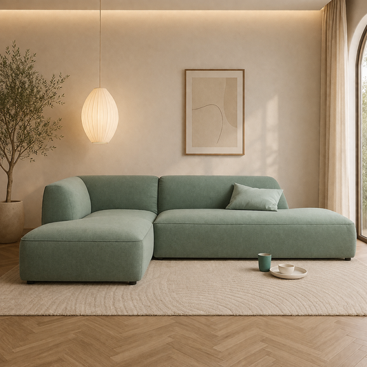 Modern L-Shaped Sofa Light Green Linen 250×150 cm – Corner Sofa Egypt | Comfortable Couch