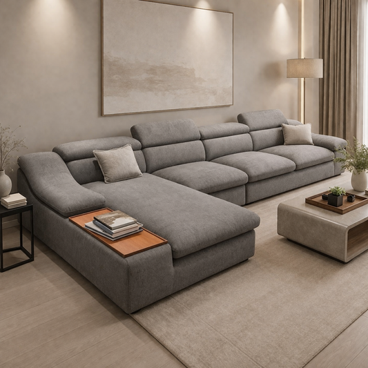 Modern L-Shaped Sofa – Light Grey Linen | 360 cm Minimalist Corner Sofa