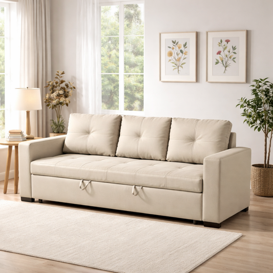 Beige Linen Sofa Bed – Natural Wood Frame | Modern Convertible Couch