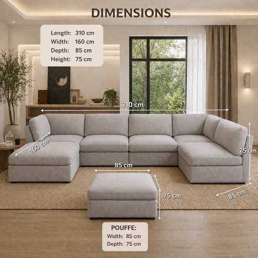 Modern U-Shaped Sofa 310×160 cm with Pouffe –Velvet | Large Comfortable Couch Egypt