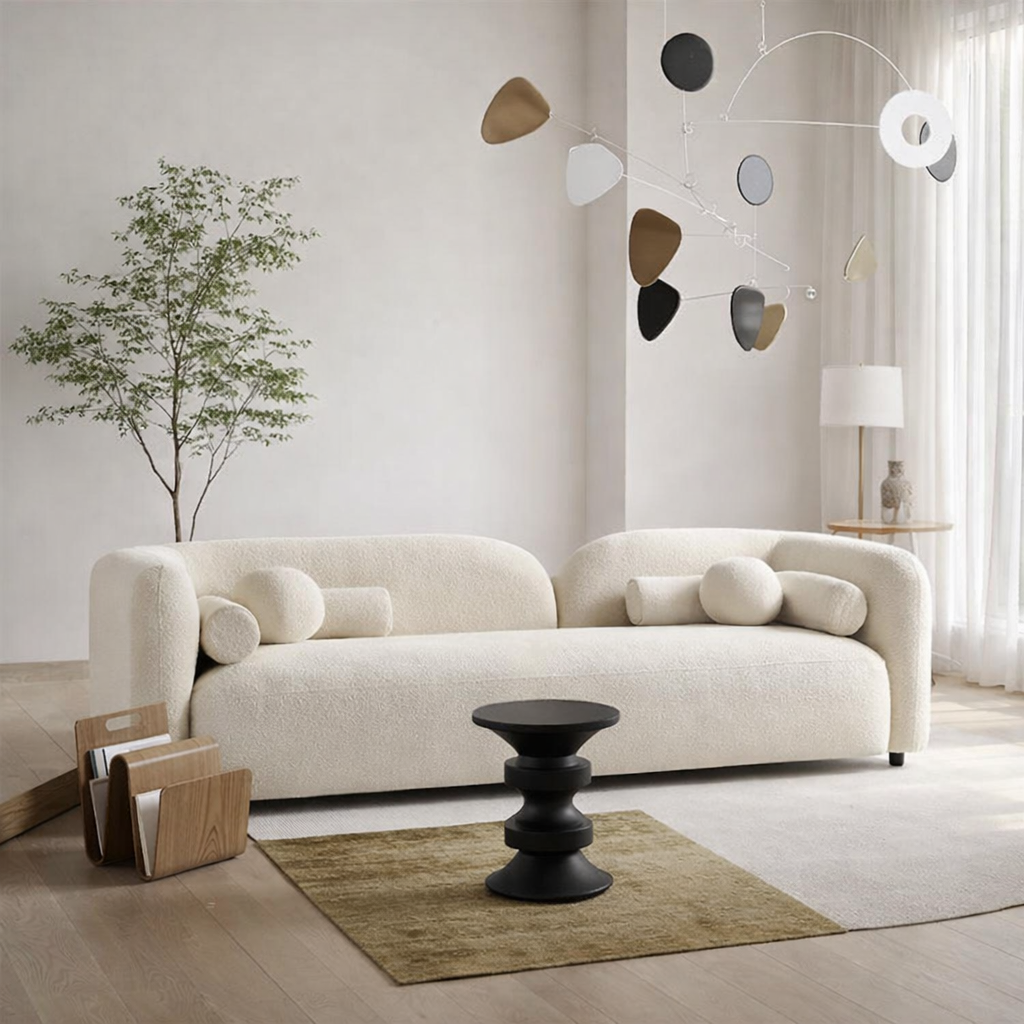 Beech Wood & Panda Fabric 3-Seater Sofa – Off-White | 240×90×75 cm - Modern Wooden Couch Egypt