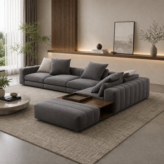 Modern L-Shaped Sofa Grey Linen 300×240 cm – Corner Sofa Egypt | Comfortable Couch