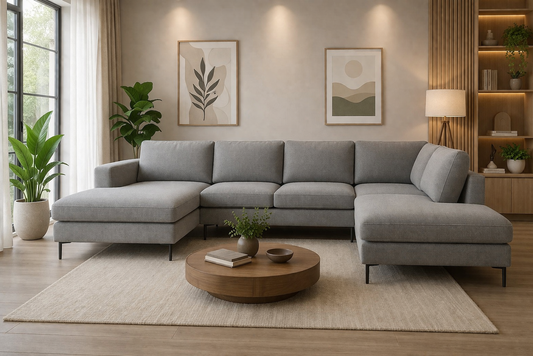 Modern U-Shaped Sofa Grey Linen 300×200 cm – Large Corner Sofa with Chaise | Comfortable Couch Egypt
