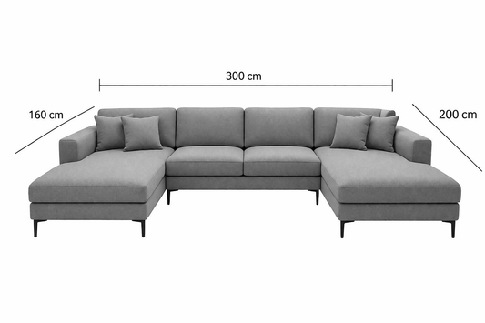 Modern U-Shaped Sofa Grey Linen 300×200 cm – Large Corner Sofa with Chaise | Comfortable Couch Egypt