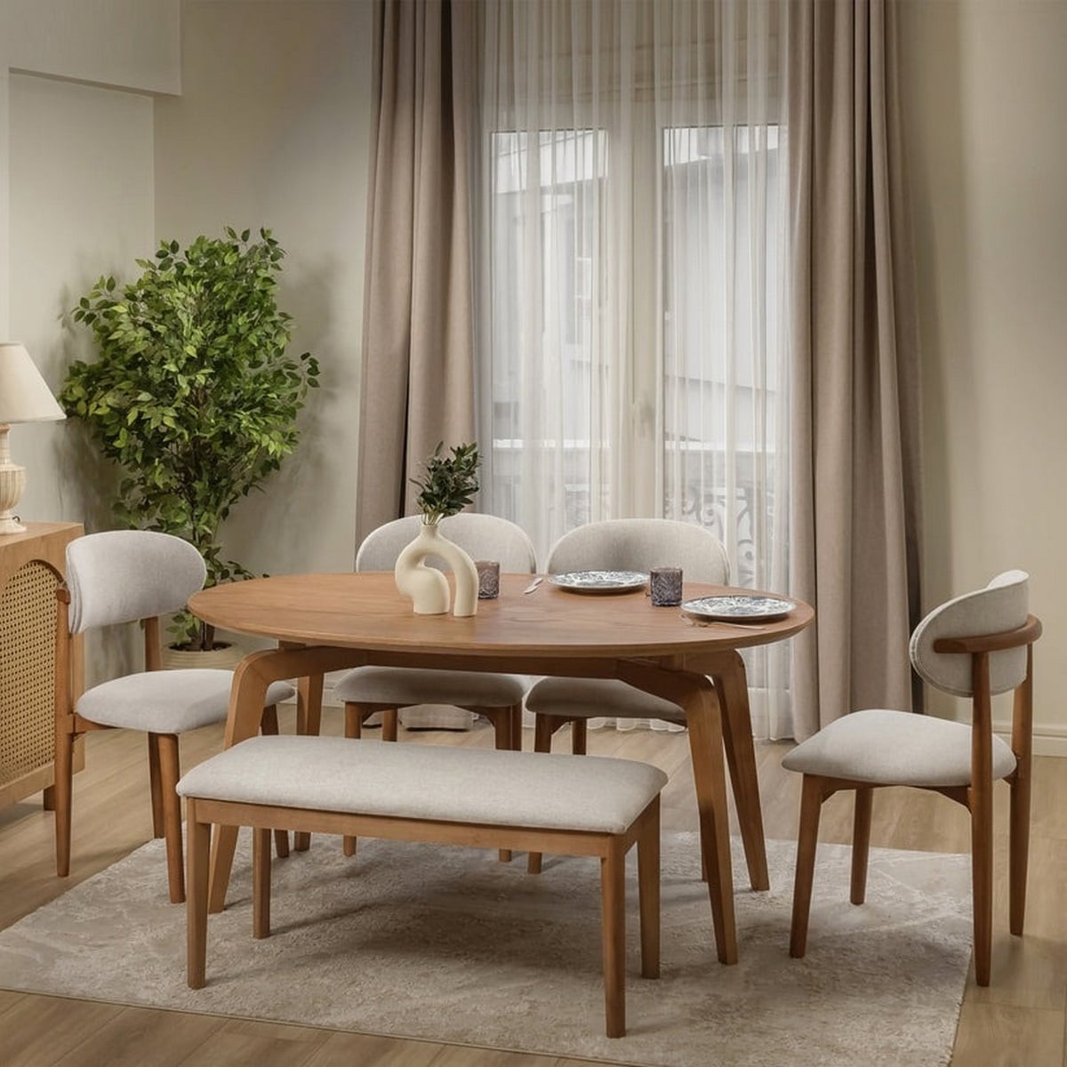 Counter Wood and Linen Dining Room 6 Pieces - Brown and Beige