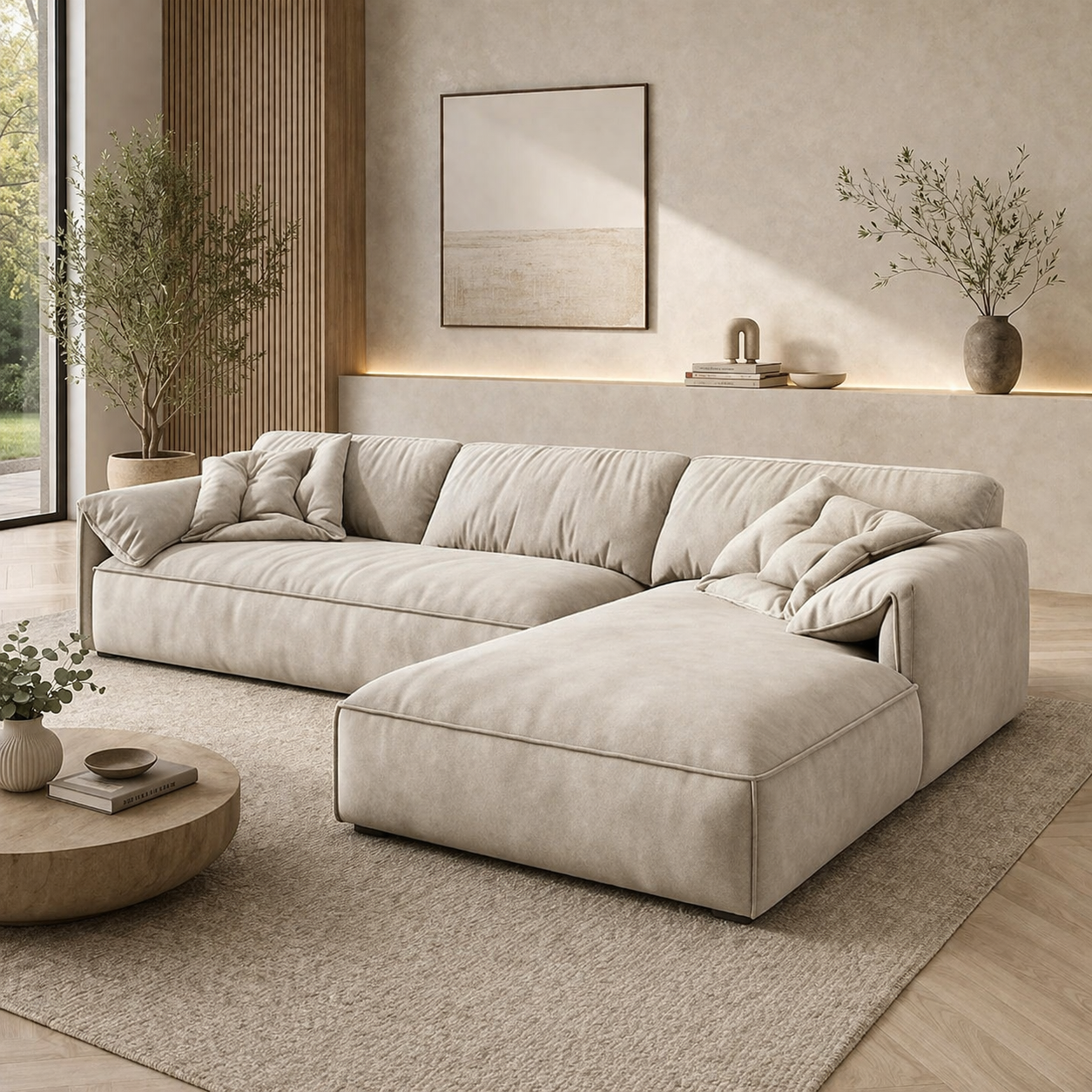 Modern L-Shaped Sofa Beige Velvet 300 cm – Right Chaise Corner Sofa Egypt | Soft Comfortable Couch