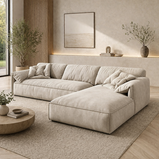 Modern L-Shaped Sofa Beige Velvet 300 cm – Right Chaise Corner Sofa Egypt | Soft Comfortable Couch