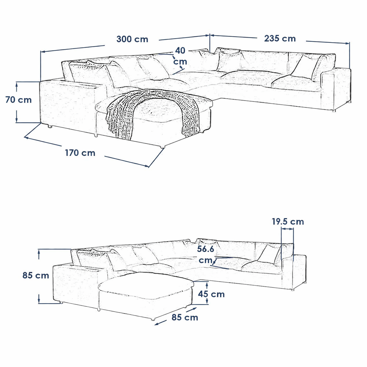 Modern U-Shaped Sofa Grey Linen 300×235 cm with Pouf – Corner Sofa Egypt | Luxury Comfortable Couch
