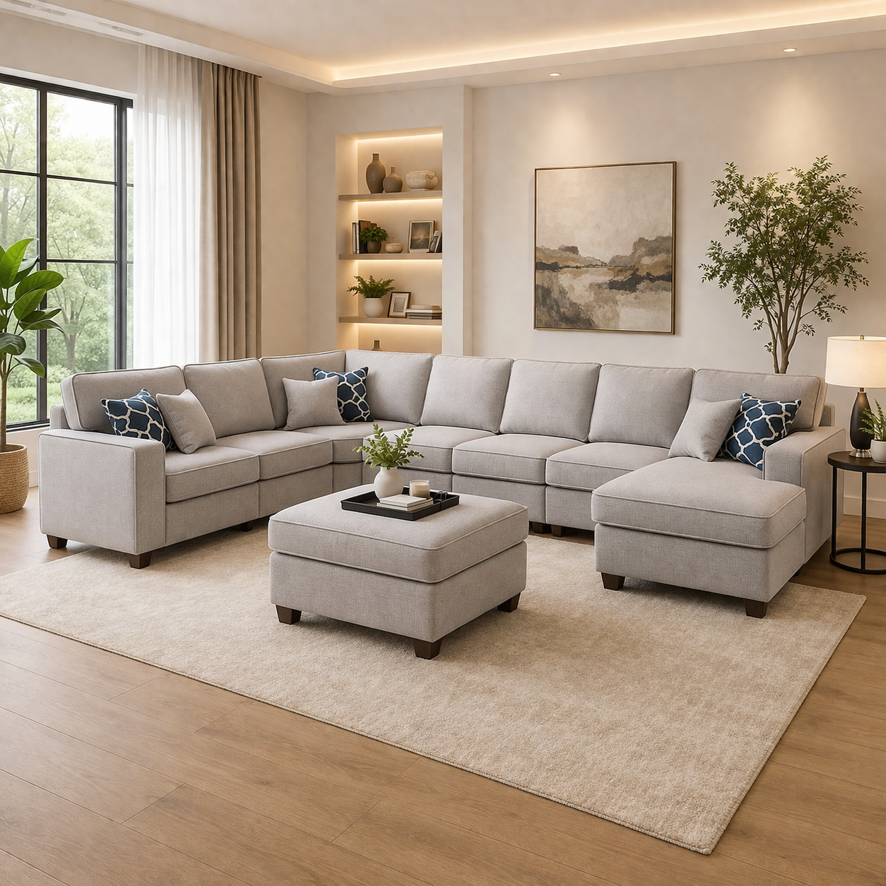 Modern U-Shaped Sofa 380×250 cm – Beech Wood Linen Sofa | Large Comfortable Couch Egypt
