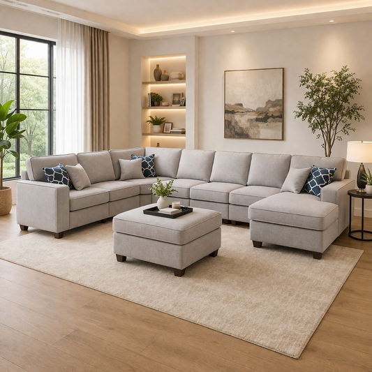 Modern U-Shaped Sofa 380×250 cm – Beech Wood Linen Sofa | Large Comfortable Couch Egypt