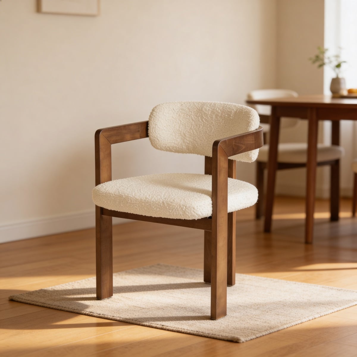 Beech wood and boucle fabric dining chair - brown and off-white
