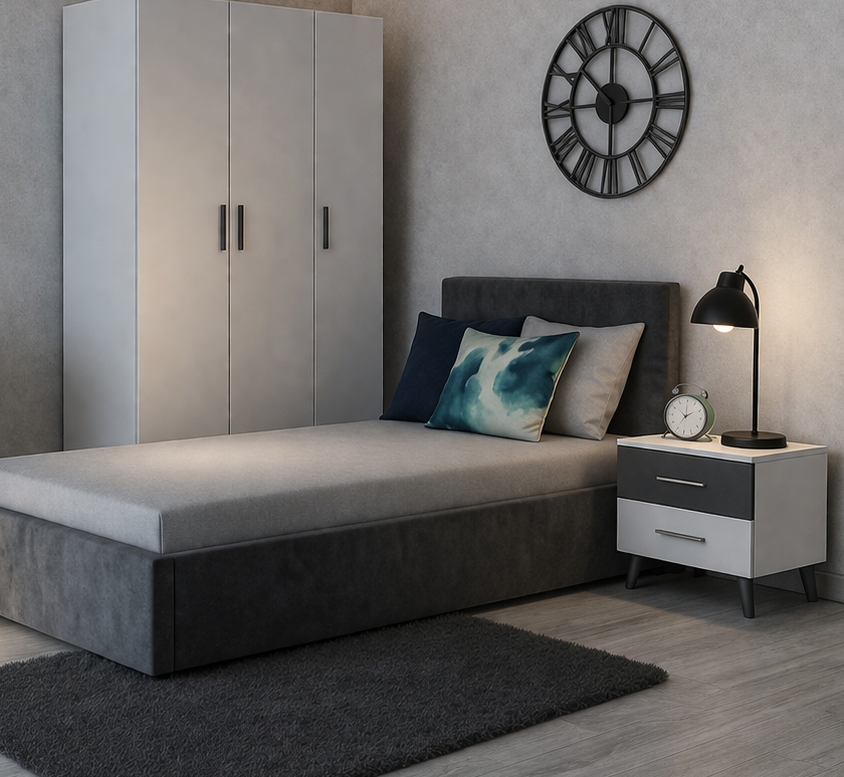 Teen Modern Bedroom Set with Desk & Wardrobe – Velvet Upholstered Bed | MDF Wood | White & Grey