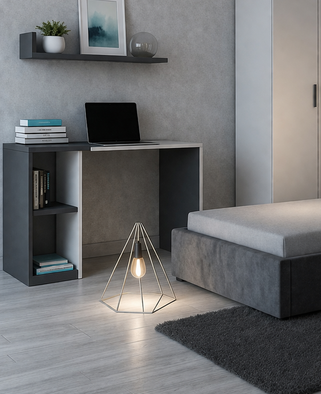 Teen Modern Bedroom Set with Desk & Wardrobe – Velvet Upholstered Bed | MDF Wood | White & Grey