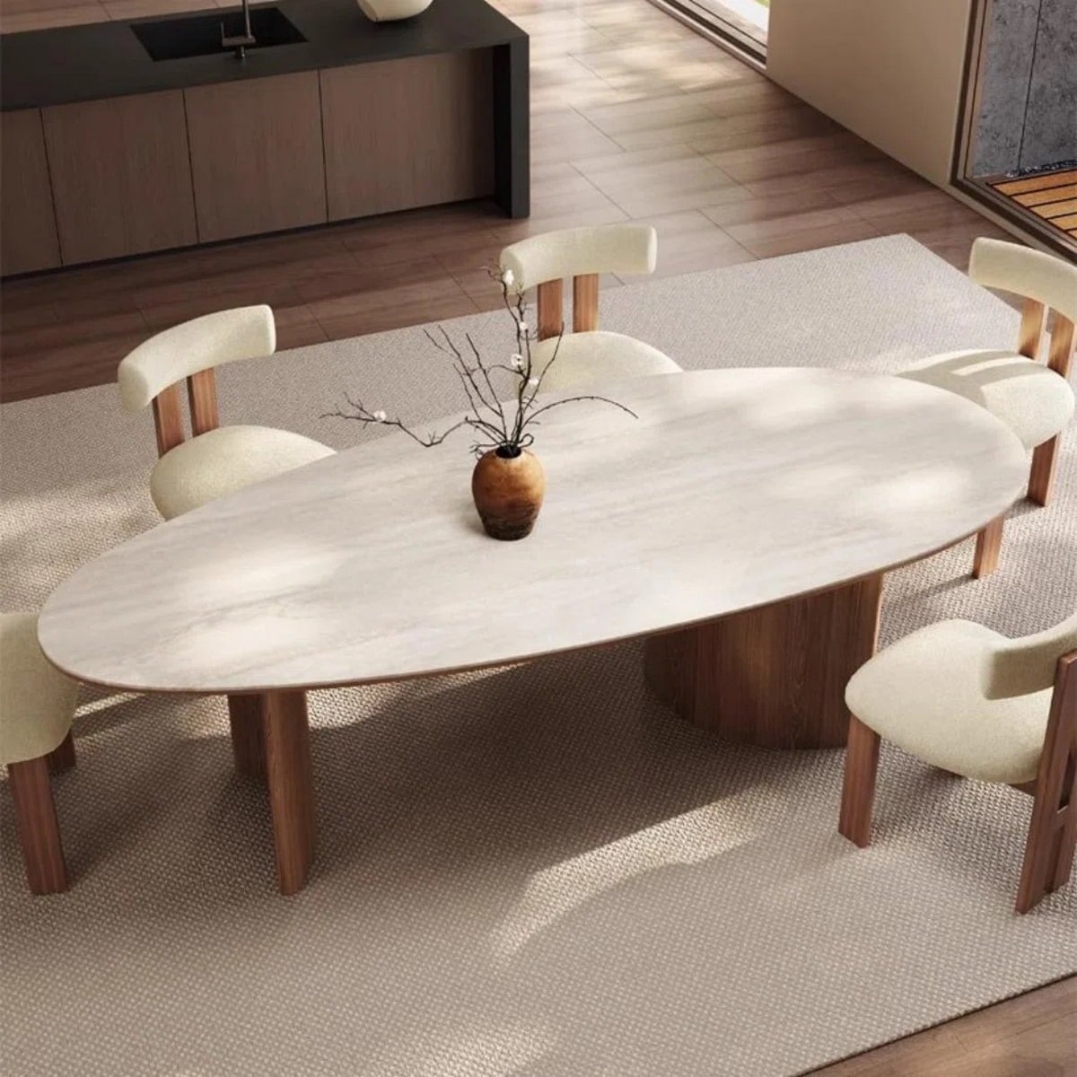 Beech wood and Panda Fabric Dining Room 7 pieces - brown and off-white