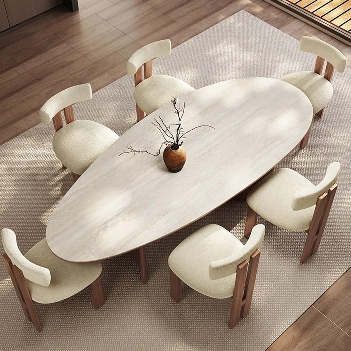 Beech wood and Panda Fabric Dining Room 7 pieces - brown and off-white