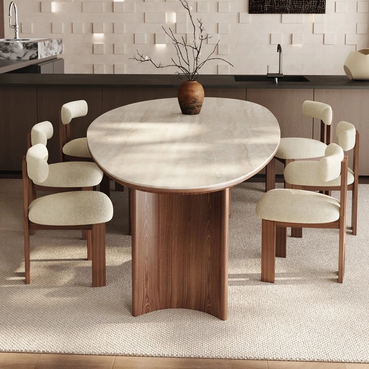 Beech wood and Panda Fabric Dining Room 7 pieces - brown and off-white