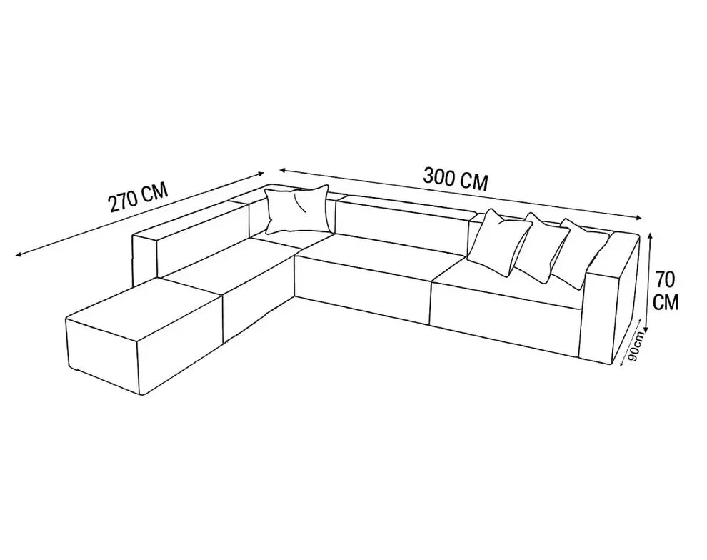 Sofa L Shape & 1 Pouf - Natural Wood - Linen Fabric -Multi Color - 300x270x90 cm